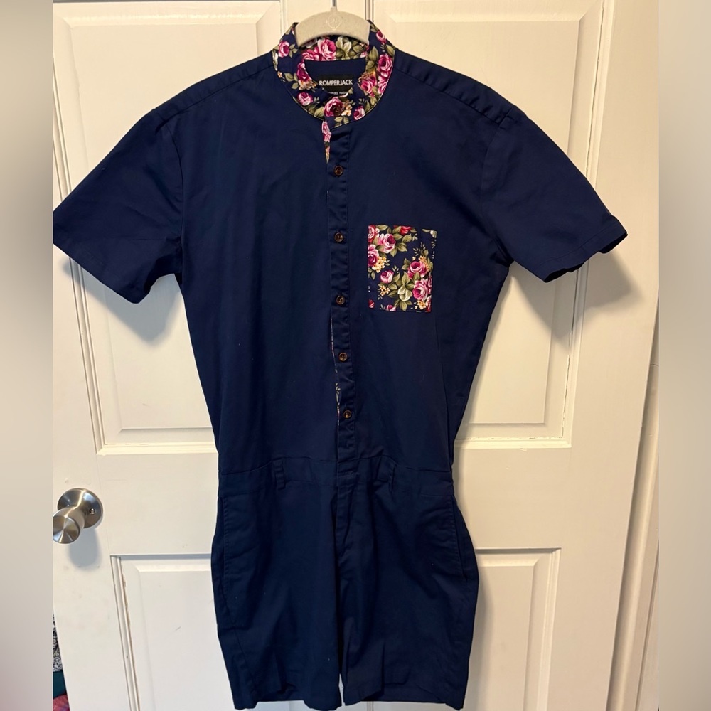 Romperjack navy floral cotton men’s romper shortall shorts m medium one piece - Picture 2 of 5